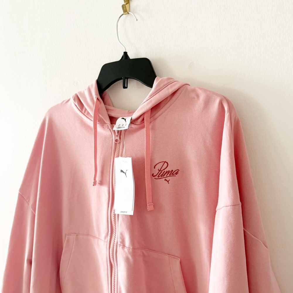 NEW Puma Script Logo Full Zip Hoodie In Rosy Outlook Pink Size XL - Picture 5 of 5